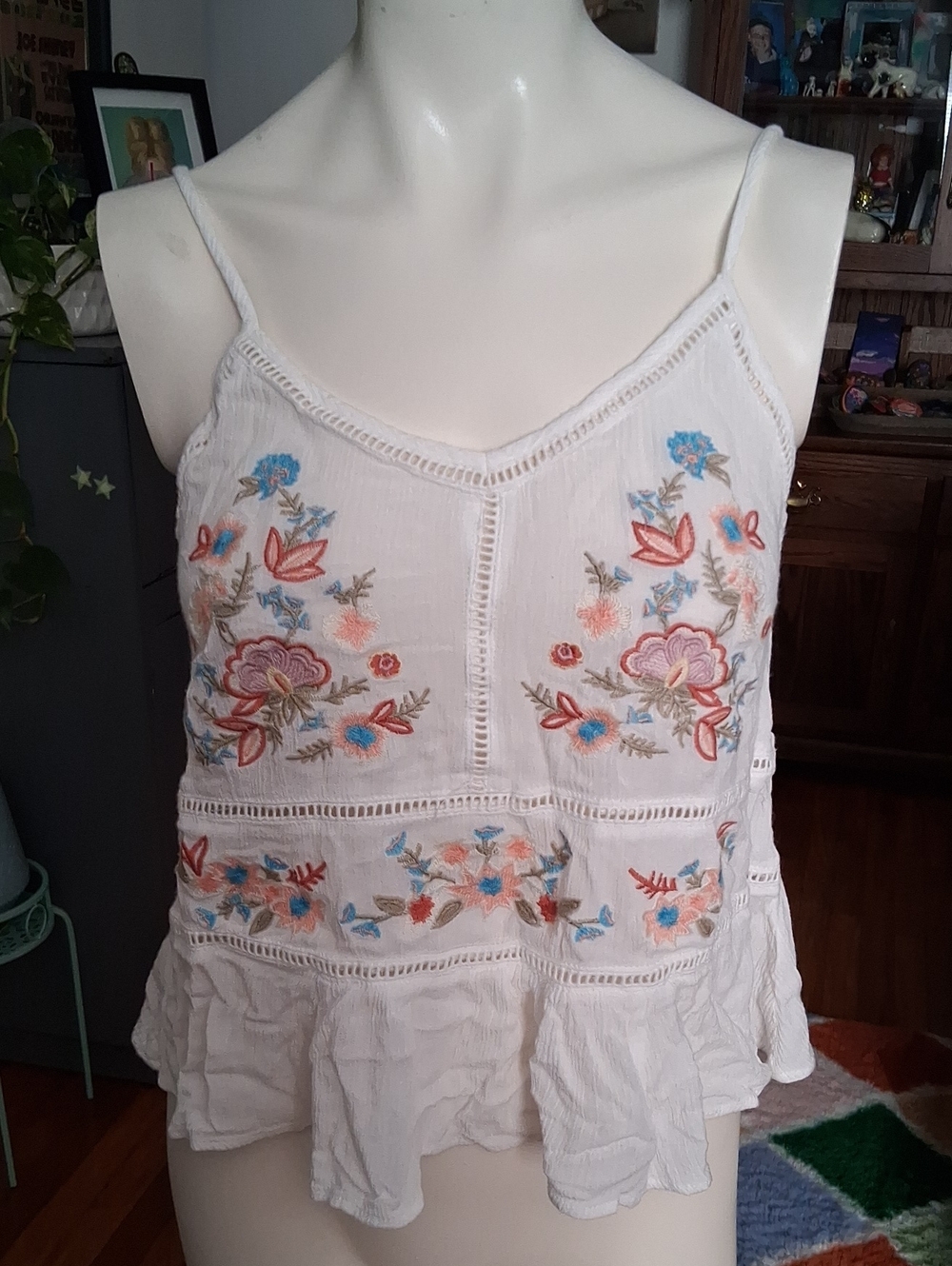 Altar'd State White Embroidered Floral Spaghetti-Strap Tank